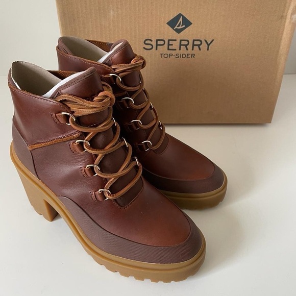 Nib Sperry Pretty Tough Tan High Heeled Ankle Booties Waterproof Leather - Picture 7 of 12